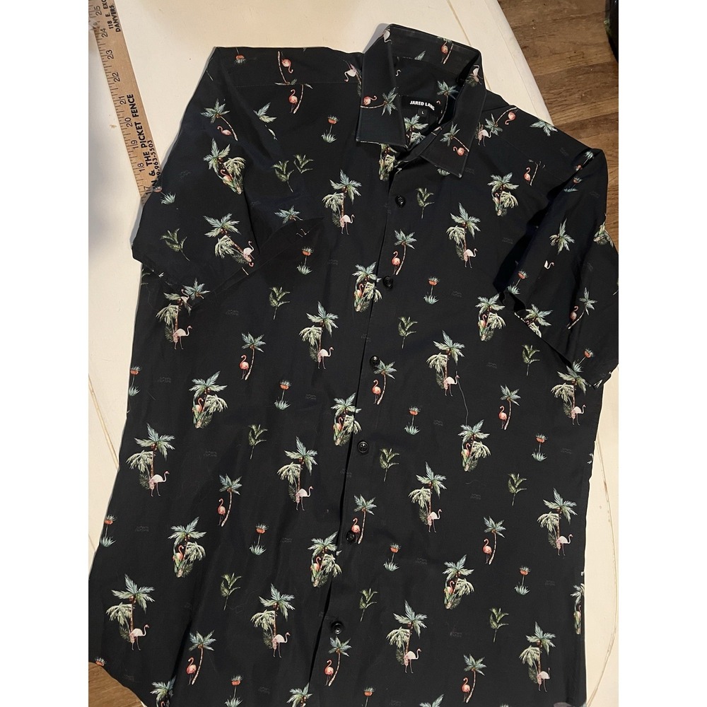 Jared Lang Mens Large Flamingo Palm Tree Button Front Shirt Black Tropical‎